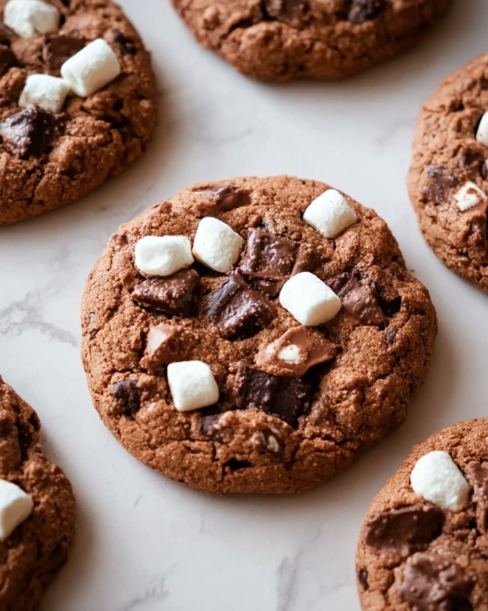 The image shows thick chocolate cookies with many dark brown chocolate chips melted on top and inside. Small white marshmallows are scattered over the cookies, adding white color spots. One cookie in the middle is broken in half, showing a soft, dense inside with melted chocolate chunks. The cookies are placed close to each other on a white marbled surface. The texture looks soft and chewy with a rough, slightly cracked top layer. photo taken with an iphone --ar 4:5 --v 7