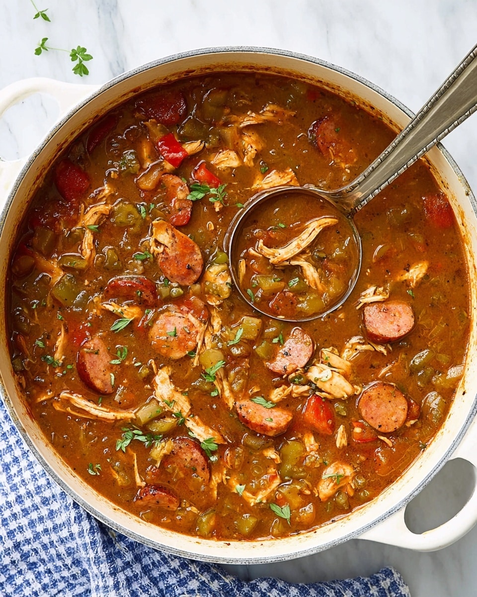 The image shows a white bowl filled with white rice on one side and a colorful stew on the other side. The stew has several layers: shredded pieces of orange-brown chicken, thick brown sausage slices, green okra slices, and small red pepper chunks. The stew looks saucy with herbs sprinkled on top, adding green dots and a fresh look. A silver spoon holds some chicken, sausage, and red pepper above the bowl. The bowl sits on a white marbled surface with a gray cloth in the background. photo taken with an iphone --ar 4:5 --v 7