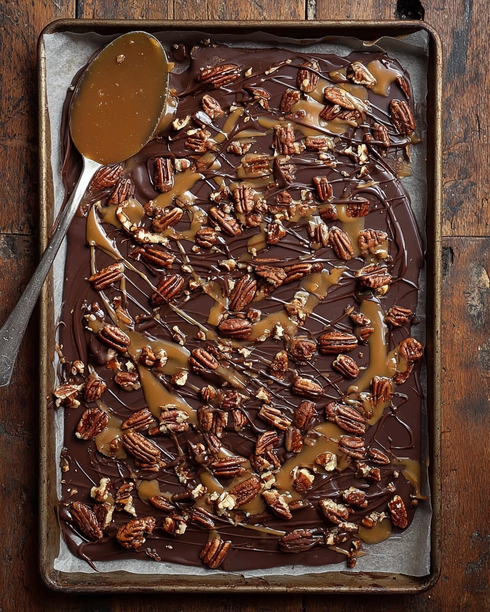 The image shows thick pieces of chocolate bark stacked in a pile on a white plate with small brown speckles. Each piece has three visible layers: a smooth dark brown chocolate base, a middle layer of light tan caramel swirled unevenly, and a top layer decorated with whole and chopped pecans in rich brown shades, mixed with more caramel and dark chocolate drizzle. The surface beneath the plate is a white marbled texture. The bark pieces have rough, uneven edges with a glossy finish. photo taken with an iphone --ar 4:5 --v 7