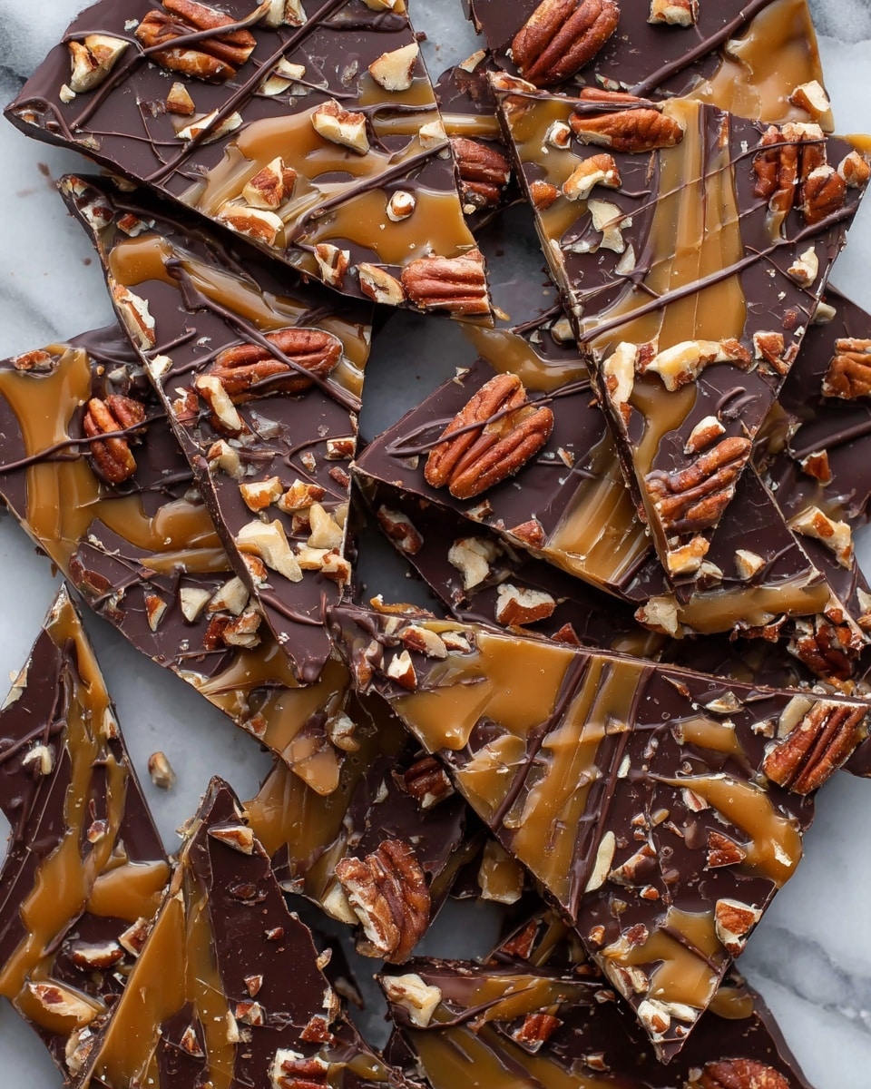 The image shows a large, uneven layer of dark chocolate spread thinly on a baking tray lined with parchment paper. On top of the chocolate are scattered whole and chopped pecans, creating a textured, nutty surface with shades of rich brown. There are swirls of light caramel sauce mixed within the chocolate, adding a smooth, glossy contrast in golden tan colors. Thin lines of darker chocolate are drizzled over the entire surface in a random, web-like pattern, enhancing the visual complexity. A spoon filled with caramel sauce rests at the top left corner of the tray. The tray is placed on a rustic wooden table. photo taken with an iphone --ar 4:5 --v 7