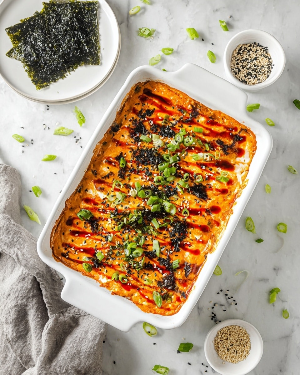A white rectangular baking dish filled with a layered baked dish topped with bright orange sauce drizzled across the top, sprinkled with chopped green onions and small black seaweed pieces, plus a few light sesame seeds scattered, all creating a colorful and textured surface. Next to the dish is a yellow-orange bottle of sriracha mayo dressing with a red cap, lying on a white marbled surface with scattered green onion pieces and some black seasoning bits. Photo taken with an iphone --ar 4:5 --v 7