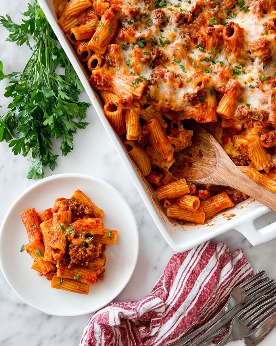 A white rectangular dish filled with baked rigatoni pasta mixed with chunky browned sausage pieces and covered in melted cheese. The rigatoni is golden-orange with a slightly saucy texture, and the cheese appears bubbly and lightly browned in spots, stretching thinly across the top. Small green herb bits are sprinkled over the dish, adding a fresh contrast. The white marbled surface beneath the dish gives a clean background for the warm colors of the baked pasta. photo taken with an iphone --ar 4:5 --v 7