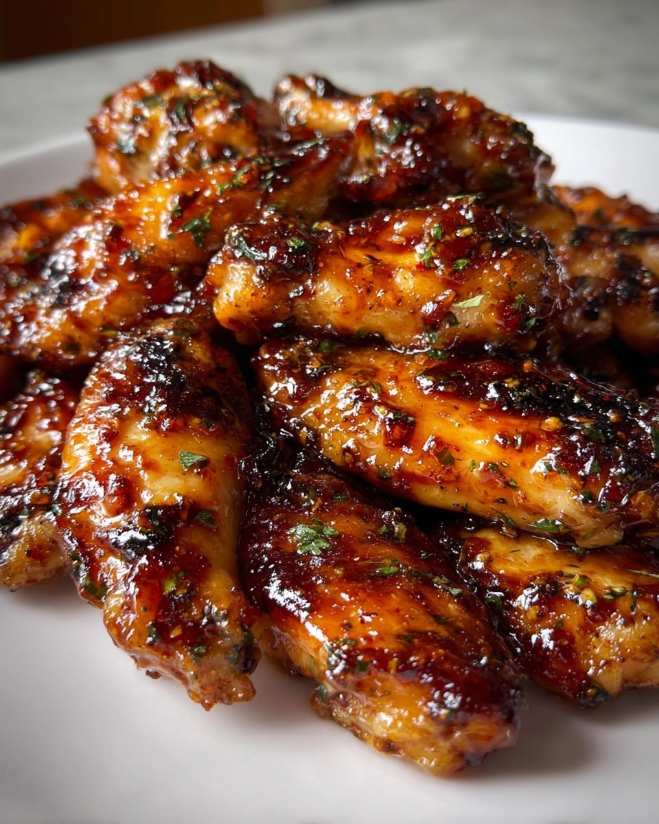 A white plate is filled with a pile of chicken wings covered in a shiny, dark golden brown sauce that looks sticky and speckled with herbs and spices. The wings have visible grill marks and a slightly crispy texture with some charred edges. The sauce gives them a glossy, rich look with hints of green herbs scattered on top. The white marbled background is softly blurred, making the chicken wings the clear focus. photo taken with an iphone --ar 4:5 --v 7