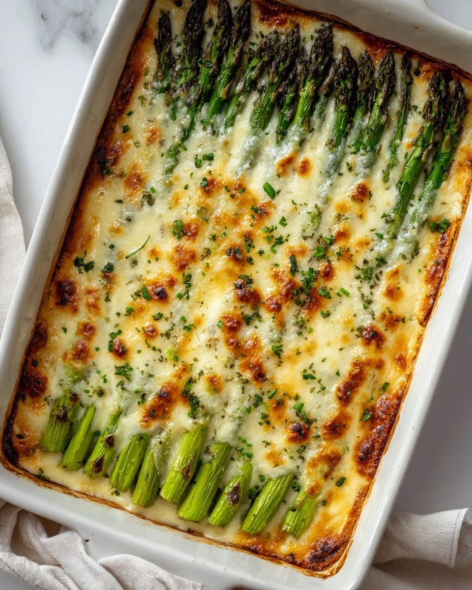 The image shows a white rectangular baking dish filled with one layer of bright green asparagus stalks arranged side by side in neat rows. The asparagus is covered with a golden-brown melted cheese layer that has bubbly, slightly crispy edges, with some parts browned more than others. The cheese layer has melted smoothly with spots of darker toasted patches, while little specks of black pepper and finely chopped green herbs are scattered on top, adding texture and color contrast. The baking dish is placed on a white marbled surface, with a light cloth visible at the corner. photo taken with an iphone --ar 4:5 --v 7
