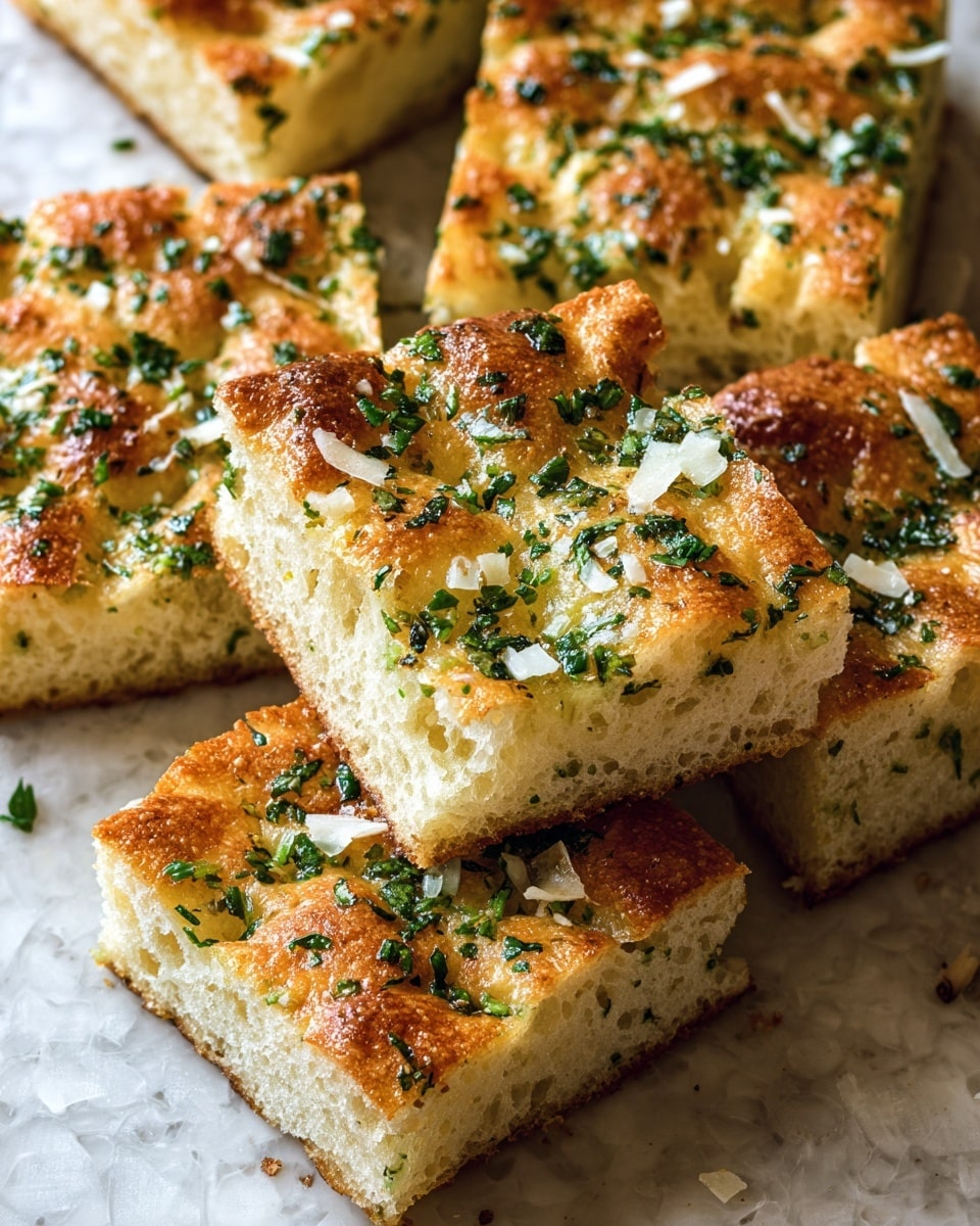 The image shows thick rectangular slices of golden brown focaccia bread with a soft, airy inside layer and a slightly crisp, textured top layer. The surface of each slice is sprinkled with finely chopped green herbs and white cheese shavings, creating a mix of vibrant green and creamy white colors on the warm brown crust. The slices sit closely together on a white marbled surface, highlighting the bread's crispy edges and fluffy interior. photo taken with an iphone --ar 4:5 --v 7