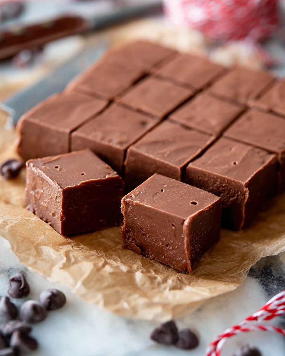 A block of chocolate fudge is shown, divided into nine square pieces with a smooth, slightly glossy top layer and small air holes. Two individual squares are placed next to the block, showing a dense and soft texture inside. The fudge rests on light brown parchment paper on a white marbled surface. In the background, there are scattered dark chocolate chips and a silver knife, with a red and white string blurred in the top center. The lighting highlights the rich brown color and creamy texture of the fudge. Photo taken with an iphone --ar 4:5 --v 7
