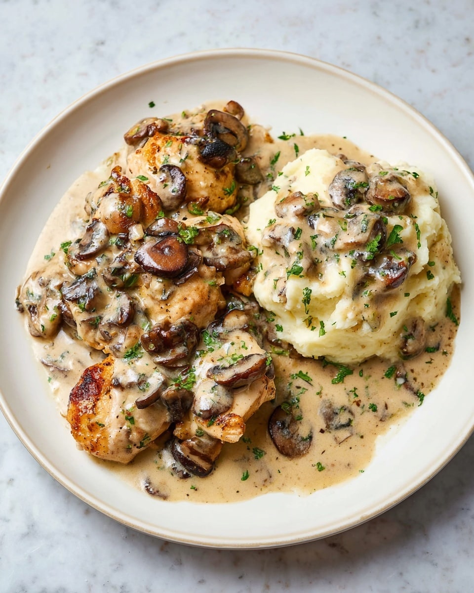A white round plate holds two main parts: on the left side there are several pieces of golden brown chicken cooked to a light crisp, topped with creamy mushroom sauce with visible slices of dark mushrooms and fresh green herb bits scattered on top; on the right side is a smooth mound of mashed potatoes covered with the same mushroom sauce, blending beige shades with darker mushroom pieces and green herb sprinkles; the plate sits on a white marbled surface photo taken with an iphone --ar 4:5 --v 7