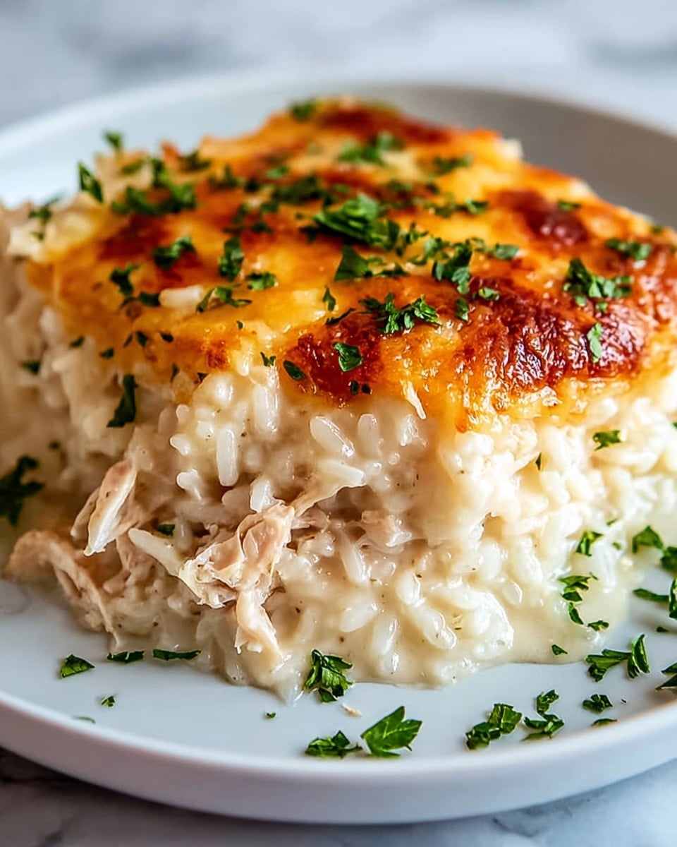 A slice of cheesy baked rice casserole is served on a white plate with a thin brown rim, placed on a white marbled surface. The dish has three visible layers: the bottom layer is creamy white rice with a soft texture, the middle layer contains shredded pale meat, and the top layer is melted golden-yellow cheese with a slightly browned crust. Fresh green herb leaves are scattered on top and around the slice. In the background, blurred dishes and utensils are visible. Photo taken with an iphone --ar 4:5 --v 7
