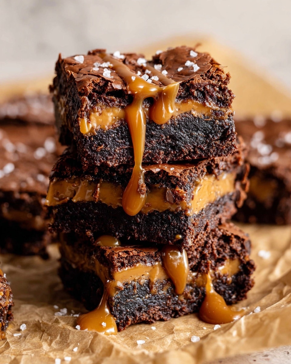The image shows a stack of three thick square chocolate brownies, each with two dark brown, moist layers separated by a smooth light brown caramel layer. More caramel is drizzled over the top brownie, dripping down one side. The top surface of the brownies has a slightly cracked texture with some coarse white salt flakes sprinkled on the caramel drizzle. The stack sits on crinkled light brown parchment paper over a white marbled texture. Photo taken with an iphone --ar 4:5 --v 7