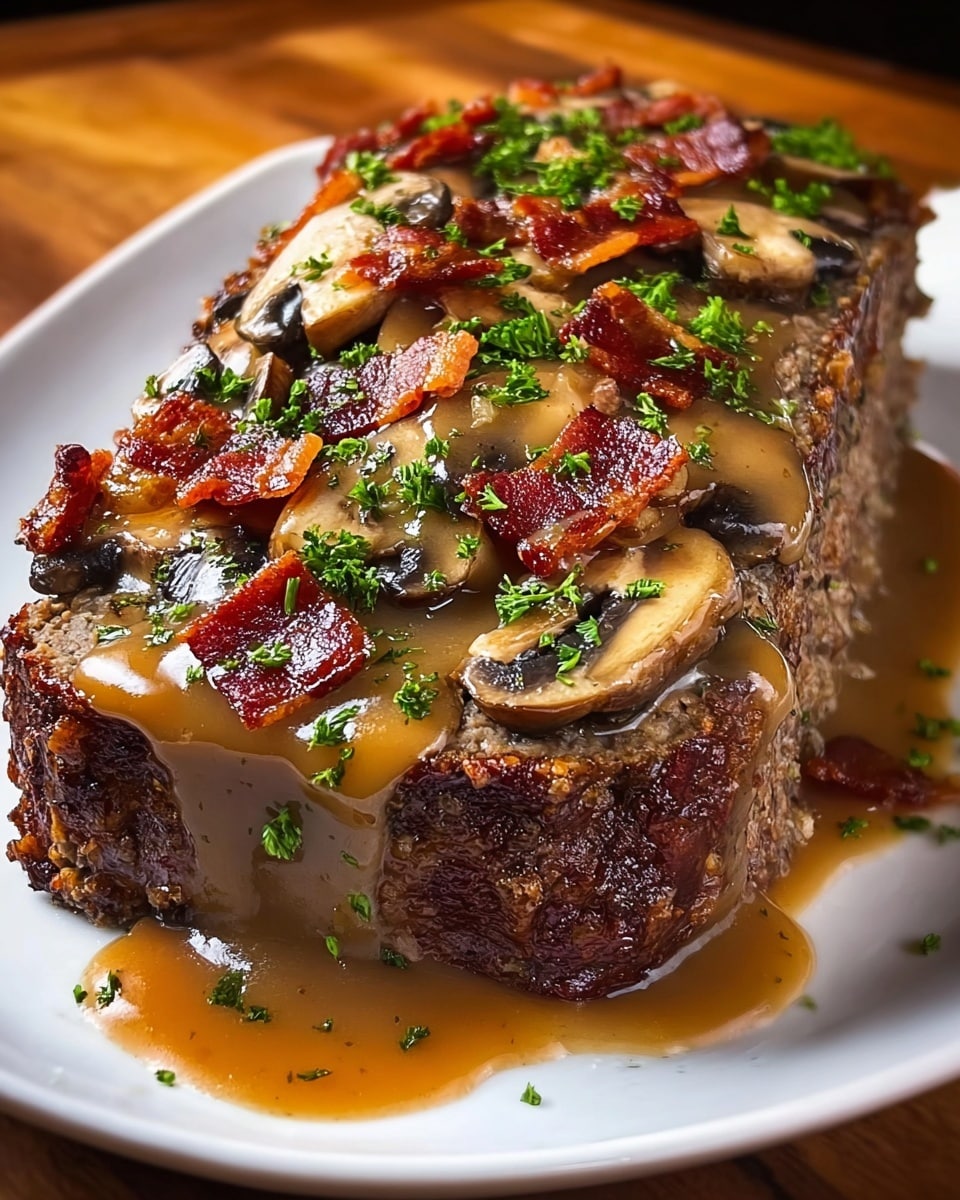 A thick, rectangular meatloaf sits on a white plate, covered with a melted layer of golden-yellow cheese that drips down the sides, mixing with a rich brown sauce pooling around the bottom. On top of the cheese, there are several cooked, dark brown mushroom slices spread evenly, adding a smooth texture, and crispy reddish-brown bacon pieces scattered across, with tiny green parsley leaves sprinkled for a fresh touch. The white marbled surface underneath and the warm lighting bring out the glossy and juicy look of the dish. photo taken with an iphone --ar 4:5 --v 7