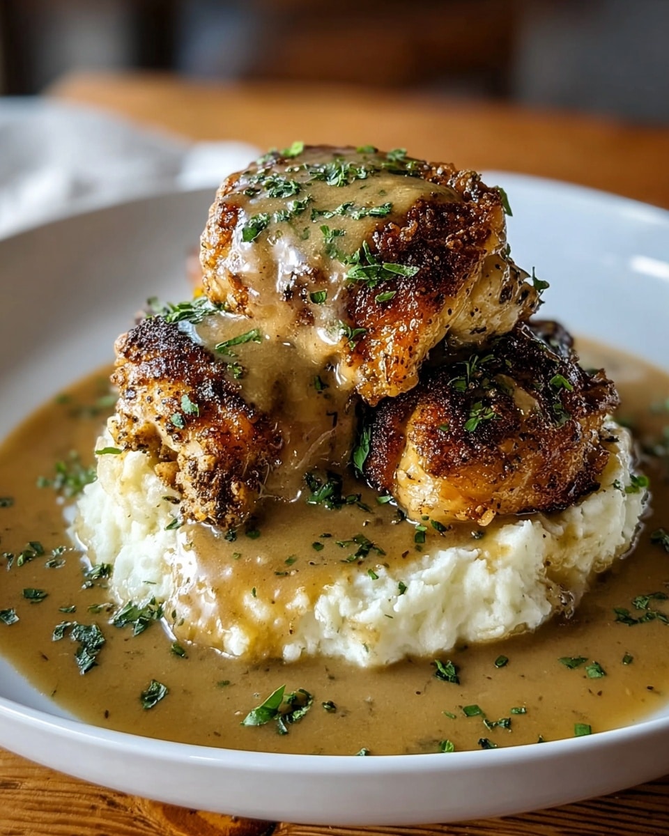 The dish shows two pieces of golden-brown crispy chicken on top of a round bed of creamy, white mashed potatoes. The chicken is covered with a shiny, light brown gravy sauce that also pools around the mashed potatoes. Small bits of green herbs are sprinkled over the chicken, sauce, and potatoes for color contrast. The food is served in a white shallow bowl, placed on a white marbled surface. photo taken with an iphone --ar 4:5 --v 7