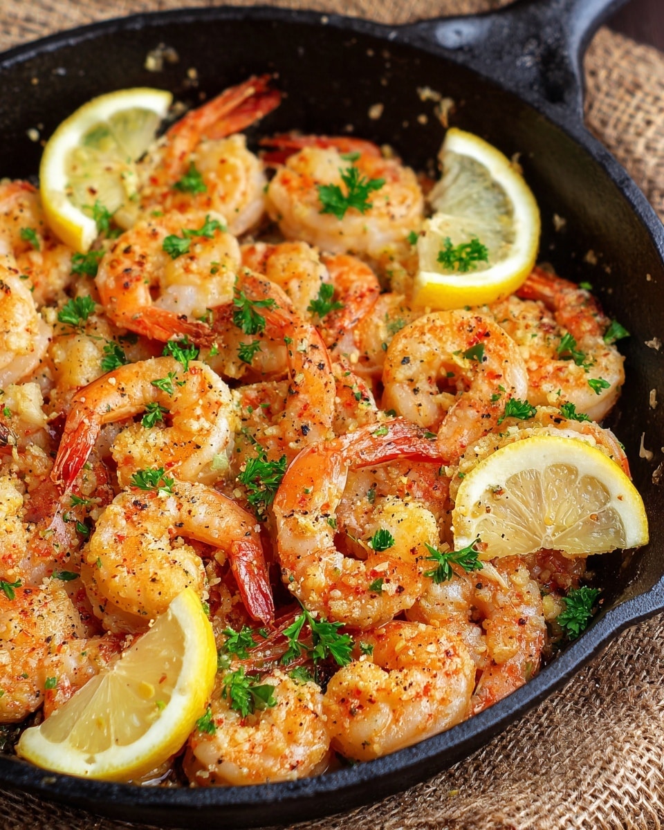 This image shows a black pan filled with cooked shrimp that are orange and light pink, sprinkled with small bits of garlic and black pepper. There are three lemon wedges with bright yellow peel and white inner flesh placed on top and around the shrimp. Small green parsley leaves are scattered evenly over the shrimp, adding a fresh touch. The pan is sitting on a woven brownish cloth, and the whole scene is close-up and detailed. photo taken with an iphone --ar 4:5 --v 7