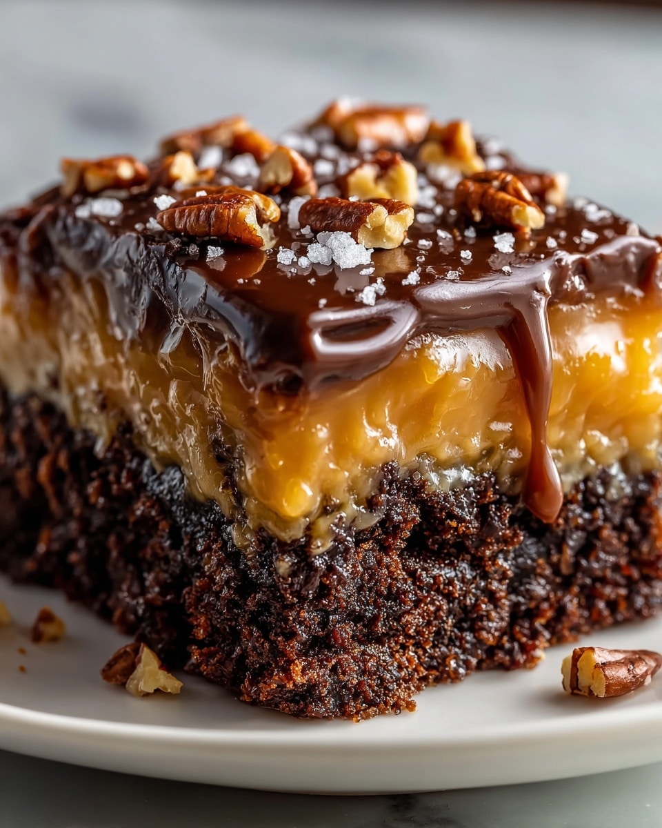 The image shows a close-up of a piece of layered dessert on a white plate, placed on a white marbled surface. The bottom layer is a dark brown, moist chocolate cake with a rough texture. Above it is a thick, golden caramel layer that looks smooth and sticky. On top of the caramel is a shiny dark chocolate layer dripping slightly over the sides. The chocolate layer is sprinkled with small pieces of chopped pecans and a few bits of coarse salt, adding texture and color contrast. The lighting highlights the glossy texture of the topping and the rich colors of the layers beneath, photo taken with an iphone --ar 4:5 --v 7