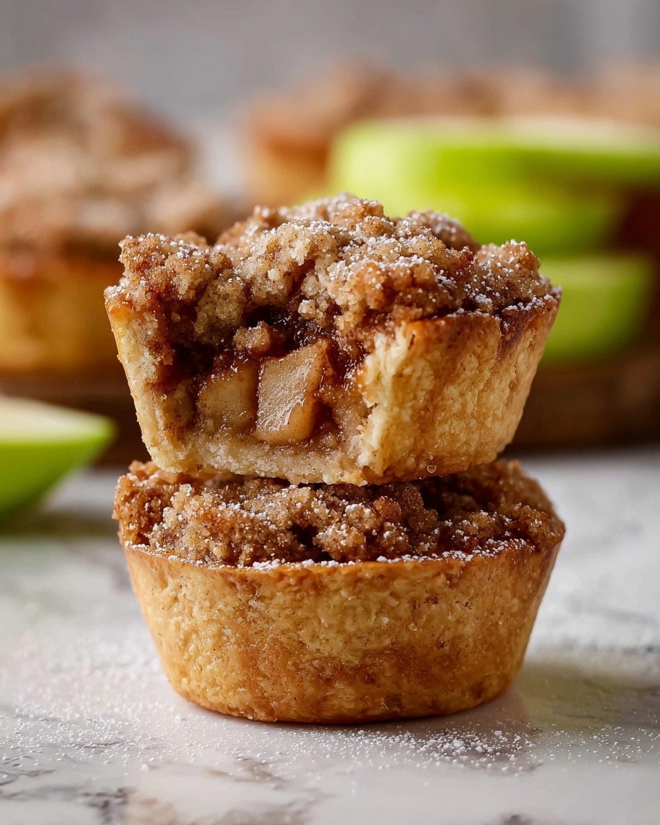 The image shows four small round tarts on a white plate placed on a white marbled surface. Each tart has three layers: a light brown crust forming the base and sides, a dark brown filling inside the crust, and a crumbly, golden brown topping that looks rough and textured. The tops of the tarts are dusted lightly with white powdered sugar, adding a soft contrast against the crunchy-looking crumb. In the background, there are some green fruits and a glass container with a light amber liquid, slightly out of focus. The photo taken with an iphone --ar 4:5 --v 7