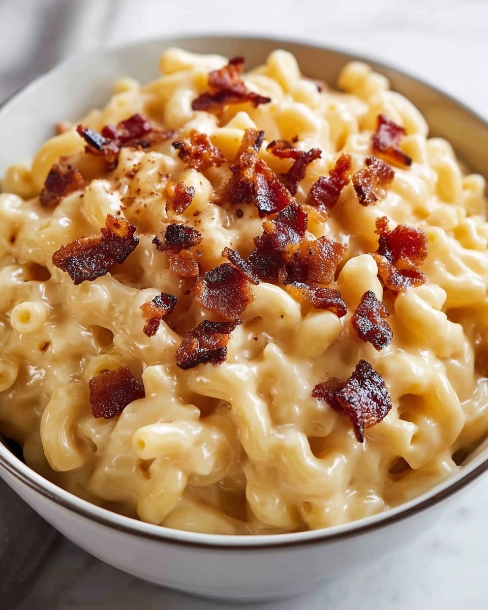 The image shows a close-up of a white casserole dish filled with macaroni and cheese topped with small pieces of crispy cooked bacon. The macaroni noodles are pale yellow and creamy, with a slightly bubbly texture where the cheese has melted and browned on top. The bacon pieces are dark brown and scattered evenly across the surface, adding a crunchy texture. A silver spoon rests inside the dish on the left side, partially digging into the pasta. The dish is placed on a white marbled surface. photo taken with an iphone --ar 4:5 --v 7