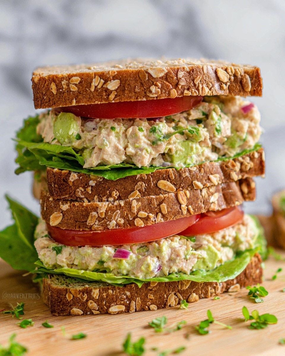 A close-up of a sandwich made with three slices of oat-covered brown bread showing three main layers. The bottom layer has a green leafy lettuce, a red tomato slice, and a chunky light green tuna salad with small pieces of onion and herbs. The middle layer repeats the same ingredients: green lettuce, tomato slice, and chunky tuna salad. The top layer is the third slice of oat-covered brown bread. The sandwich is placed on a light wooden surface with small green herb leaves scattered around, all against a white marbled background. photo taken with an iphone --ar 4:5 --v 7