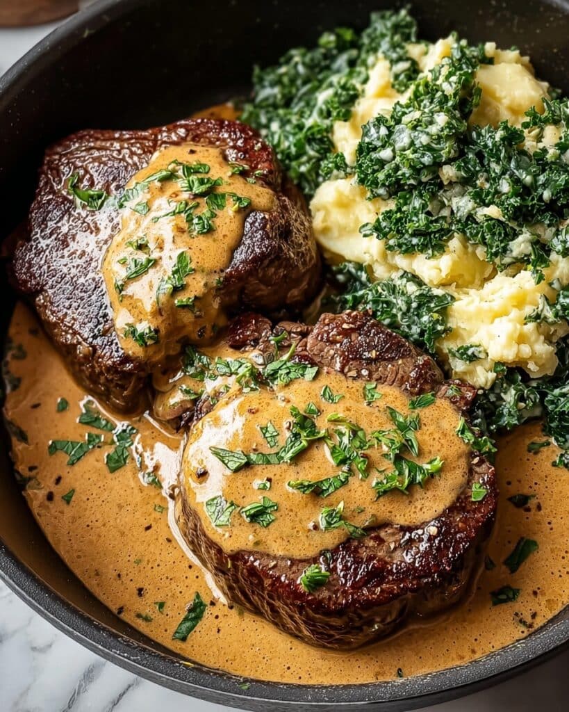 Savory Gaelic Irish Steaks with Whiskey Cream and Colcannon Recipe