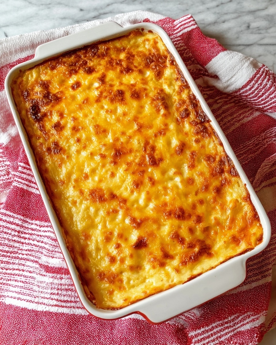 A rectangular white ceramic dish filled with a baked casserole that has a top layer of melted golden yellow and light brown cheese, showing a slightly crispy texture. The cheese layer is uneven with small ridges and bubbles, covering the whole surface. The dish is placed on a red and white striped cloth resting on a white marbled table. There is a white cloth partially visible on the side. photo taken with an iphone --ar 4:5 --v 7