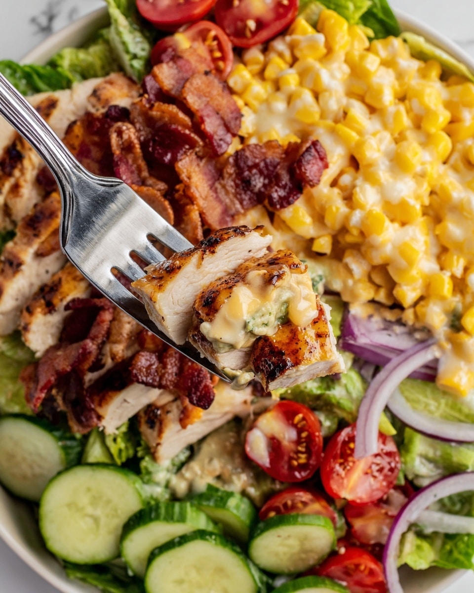 A close-up of a white plate with a colorful layered salad, featuring at least seven distinct layers: sliced grilled chicken with a light brown char and melted cheese on top at the center, surrounded by bright yellow corn kernels, crispy crumbled bacon pieces, fresh green lettuce leaves underneath, thinly sliced cucumber rounds with dark green skin on the edge, halved red cherry tomatoes, and thin rings of purple onion. A silver fork is holding a small bite composed of grilled chicken, lettuce, and bacon, positioned near the center of the image. The background is a white marbled texture. Photo taken with an iphone --ar 4:5 --v 7