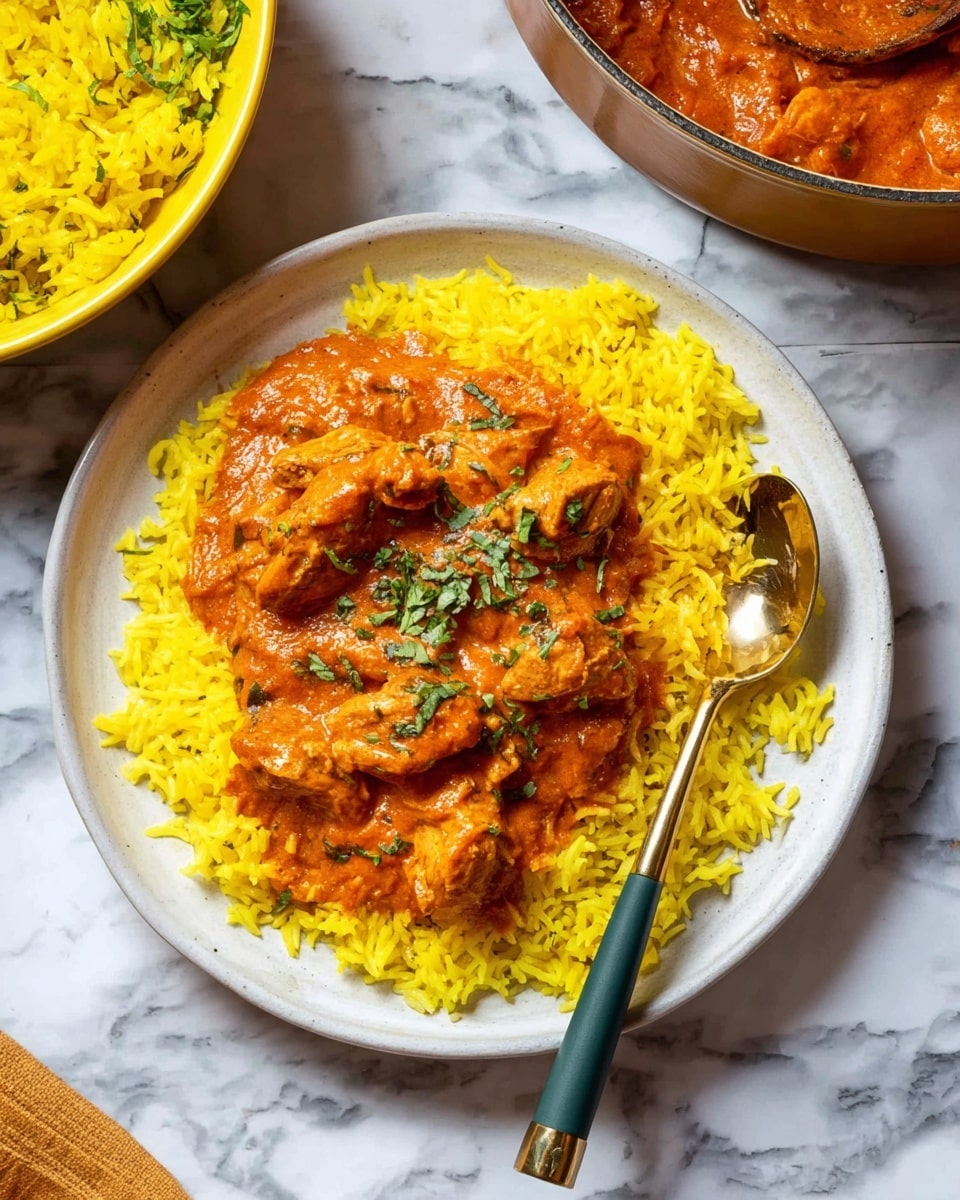 A white plate holds two main layers: the bottom layer is a bed of bright yellow rice with a fluffy texture, spread evenly around the base, and the top layer is a thick, rich, reddish-orange sauce covering tender pieces of meat. Small bits of green herbs are sprinkled on the sauce for a fresh touch. A gold spoon with a dark green handle rests on the side of the plate, partially under the rice. The plate sits on a white marbled surface. In the background, part of a yellow bowl with more yellow rice and a brown pot with more of the reddish sauce are visible. photo taken with an iphone --ar 4:5 --v 7
