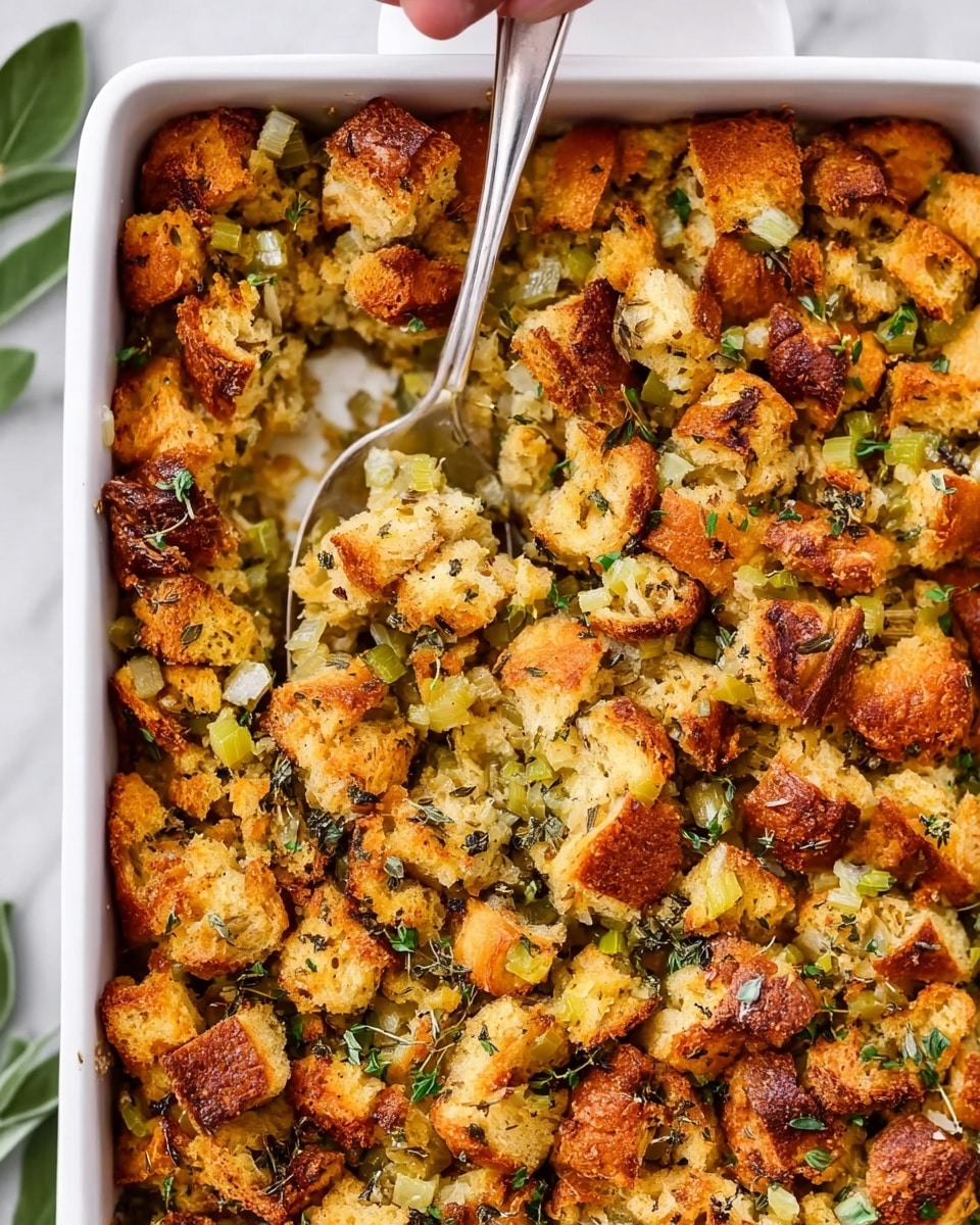 The image shows a white plate filled with a layered dish of stuffing. The stuffing pieces are in chunks with a golden brown crust on top, mixed with softer, lighter beige bits inside. There are small bits of green herbs and pieces of pale yellow celery mixed throughout. A silver fork touches the side of the plate, resting on a white marbled surface. The photo gives a close-up look at the texture, showing crispy and soft parts clearly. Photo taken with an iphone --ar 4:5 --v 7