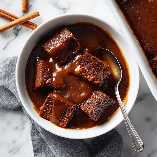 A white bowl full of moist brown cake pieces covered with thick, shiny brown sauce, showing a rough texture on the cake while the sauce looks smooth and rich. A silver spoon is placed inside the bowl on the top right side, and part of a white baking dish with more sauce and cake is visible in the top right corner. The background shows a white marbled surface with a gray cloth underneath the baking dish and cinnamon sticks lying nearby. Photo taken with an iphone --ar 4:5 --v 7