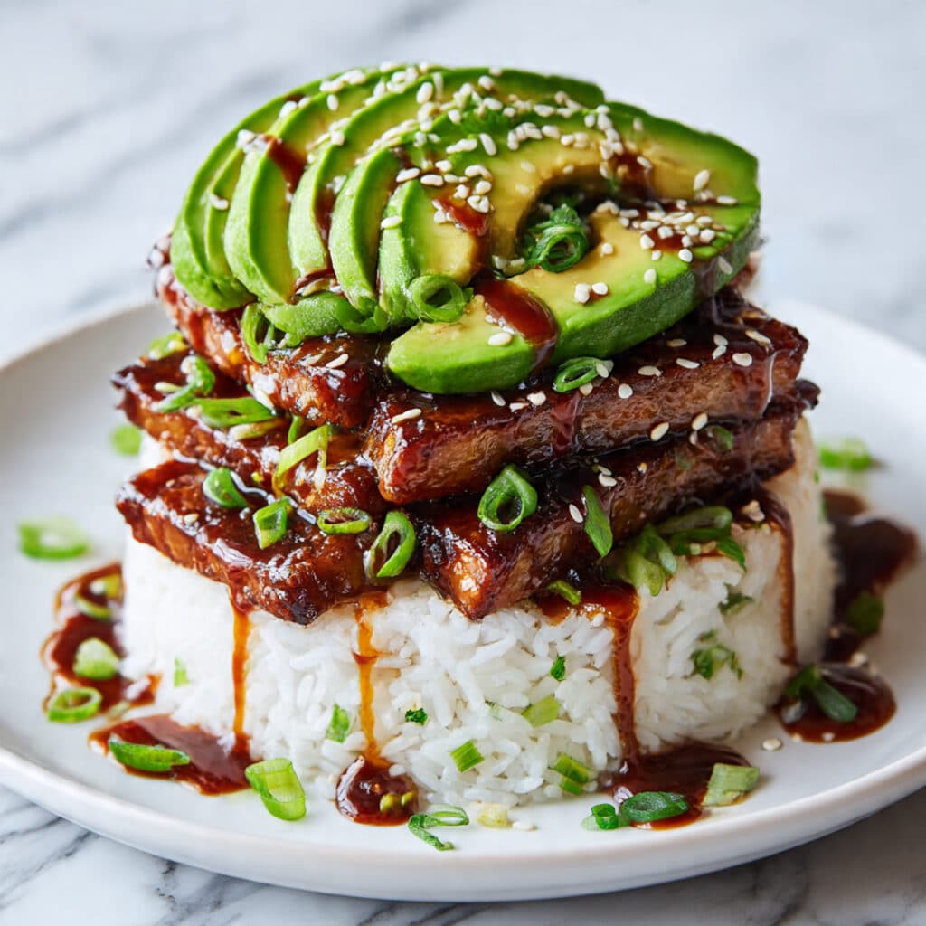 Teriyaki Chicken Avocado Rice Stacks Recipe