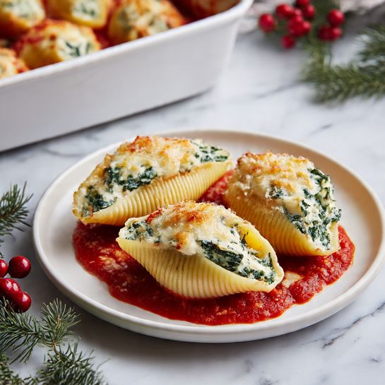 Three large pasta shells sit on a white plate, each filled with a creamy white mixture of ricotta cheese and chopped green spinach, with some golden melted cheese on top. The pasta shells have a textured, ridged surface and rest on a base layer of bright red tomato sauce that peeks around the edges. The plate is placed on a white marbled surface with some small green pine branches and red berries nearby. In the background, a white baking dish with more stuffed shells in red sauce is partially visible. photo taken with an iphone --ar 4:5 --v 7