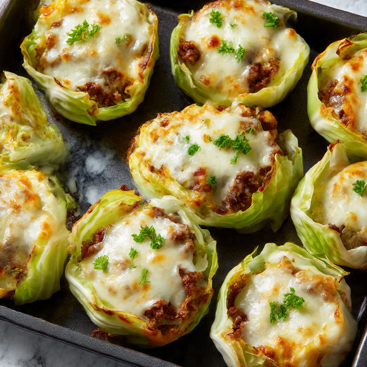 The image shows six oven-baked cabbage burgers arranged in a baking tray on a white marbled surface. Each burger has three layers: a bottom layer of light green cabbage leaves forming a cup shape with slightly crispy edges, a middle layer of browned, textured cooked meat patty tightly packed inside the cabbage, and a top layer of melted, bubbly white cheese with some browned spots. Small green parsley pieces are sprinkled on top of the cheese on each burger, adding a fresh touch of color. The tray has some baked-on residue around the burgers showing the cooking process. The lighting highlights the juicy texture and slight crispiness of the cabbage and cheese. photo taken with an iphone --ar 4:5 --v 7