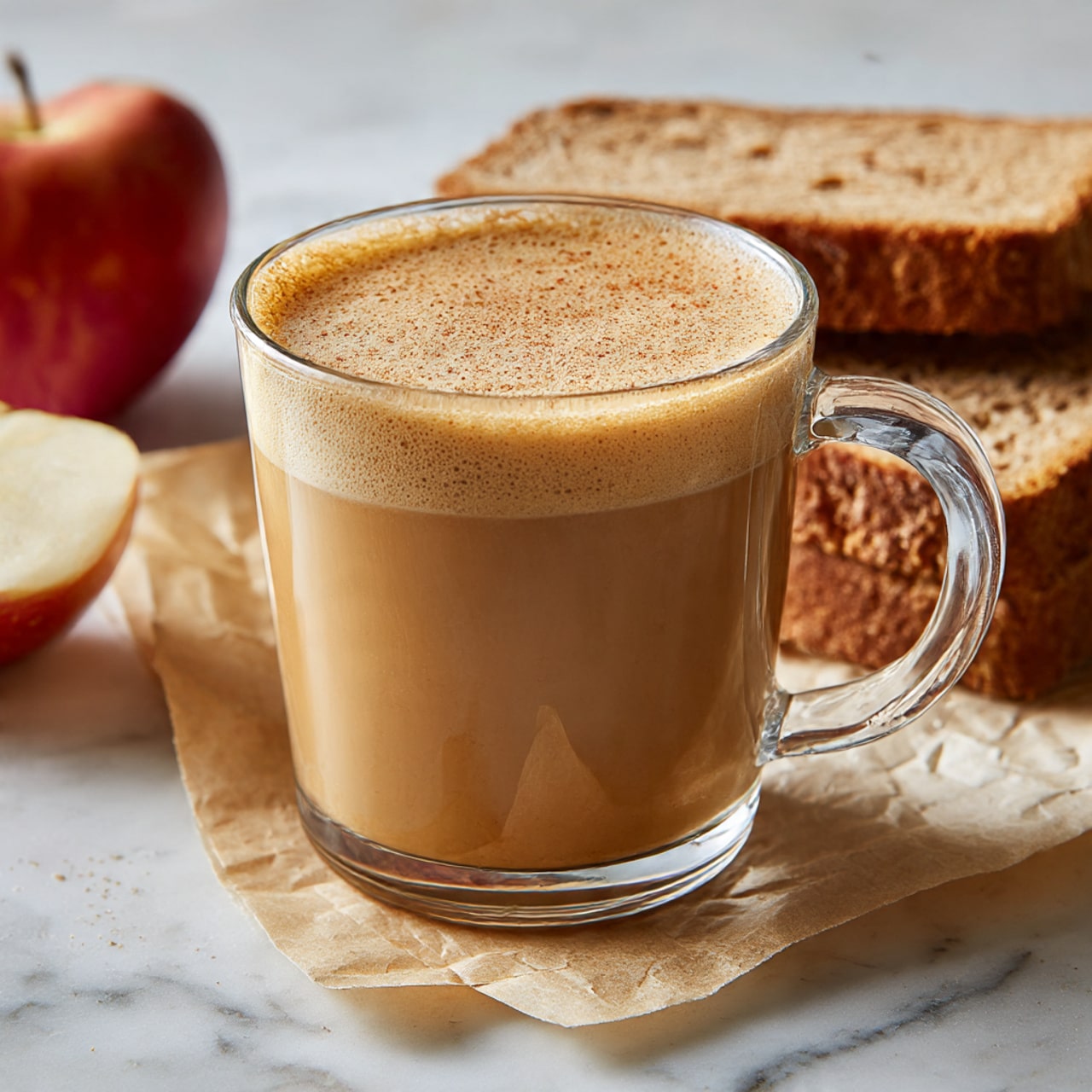 A clear glass mug filled with a warm light brown, frothy drink, with a smooth foam layer on top. Behind the mug, there are two slices of brown bread with a coarse texture, resting on light brown parchment paper. To the left, part of a red apple is visible. The setting is on a white marbled surface. photo taken with an iphone --ar 4:5 --v 7