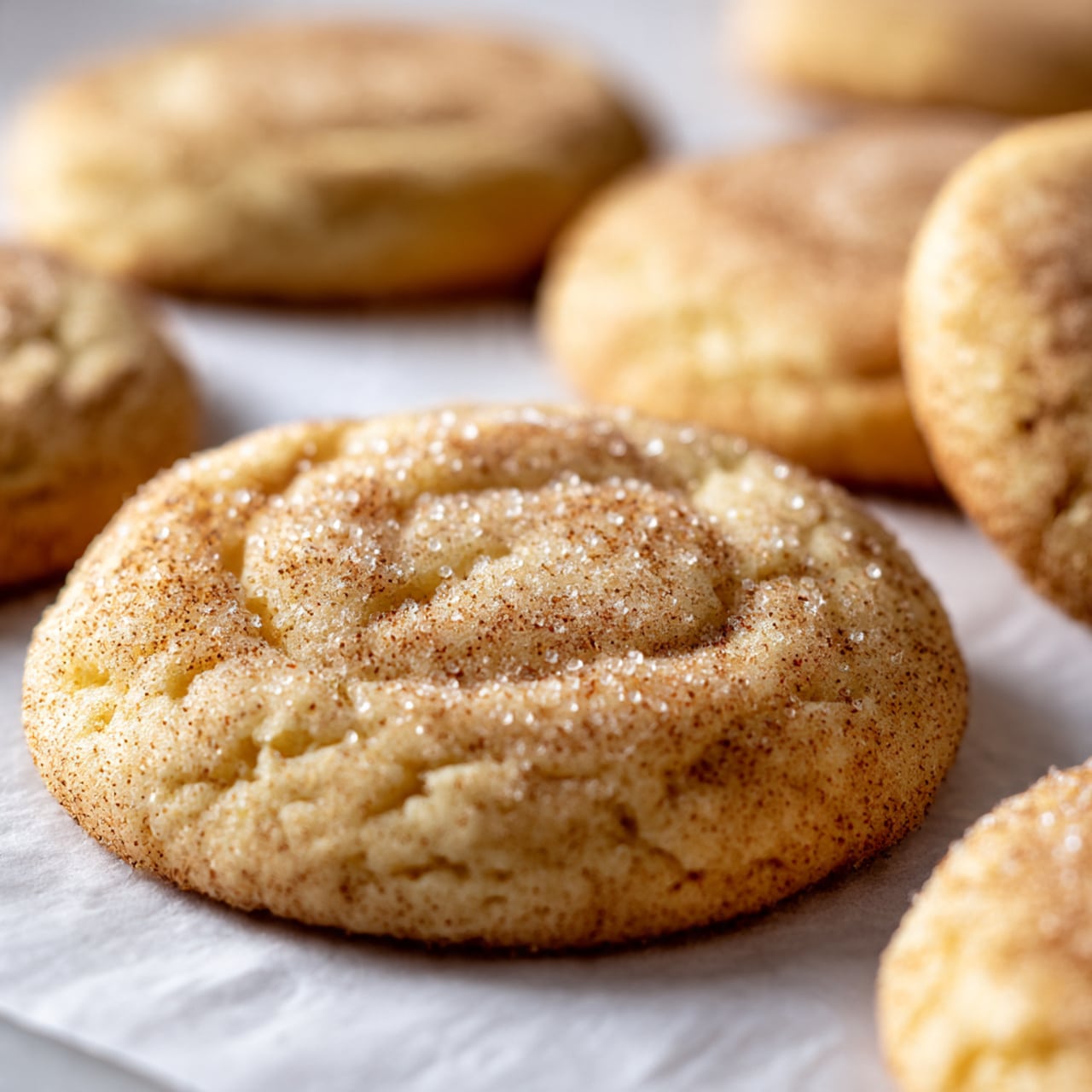 The image shows a close-up of seven round cookies with a cracked surface, light golden brown in color, arranged on a white marbled background. Each cookie has a slightly darker center dusted with cinnamon sugar, creating a textured and grainy look. The cookies have a soft, slightly puffy shape with visible cracks around the edges and center. The lighting highlights the rough and crumbly texture, making the cinnamon sugar topping stand out clearly. photo taken with an iphone --ar 4:5 --v 7