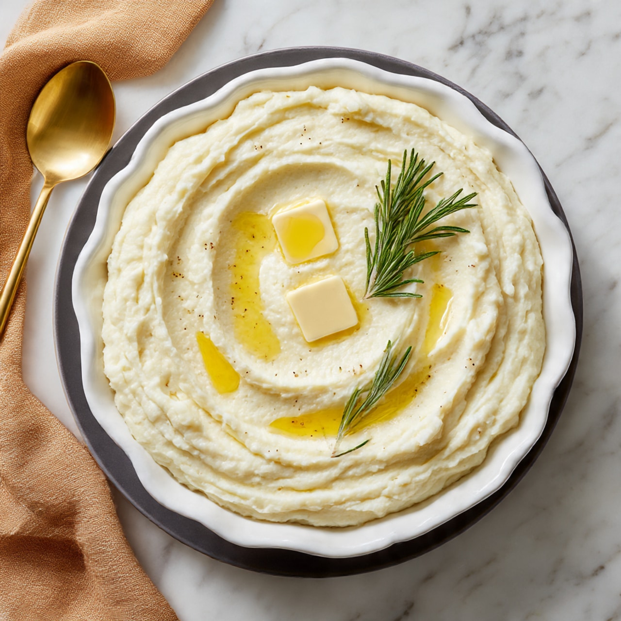 A white round bowl holds a smooth yellow mashed potato layer with soft, uneven texture. On top, a square pat of butter is melting slightly, adding a creamy shine at the center. The bowl rests on a light beige cloth on a wooden surface. photo taken with an iphone --ar 4:5 --v 7
