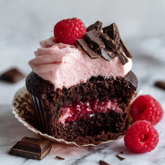 A dark chocolate cupcake with three main layers: the bottom layer is moist and dark chocolate cake, the middle layer is a glossy, deep red raspberry filling oozing out, and the top layer is light pink raspberry frosting with a creamy texture. On top of the frosting sit several irregular dark chocolate shavings and a fresh raspberry, which has tiny hairs visible. The cupcake is placed on a white marbled surface, and there are a few small broken chocolate pieces and one fresh raspberry resting near it. Photo taken with an iphone --ar 4:5 --v 7