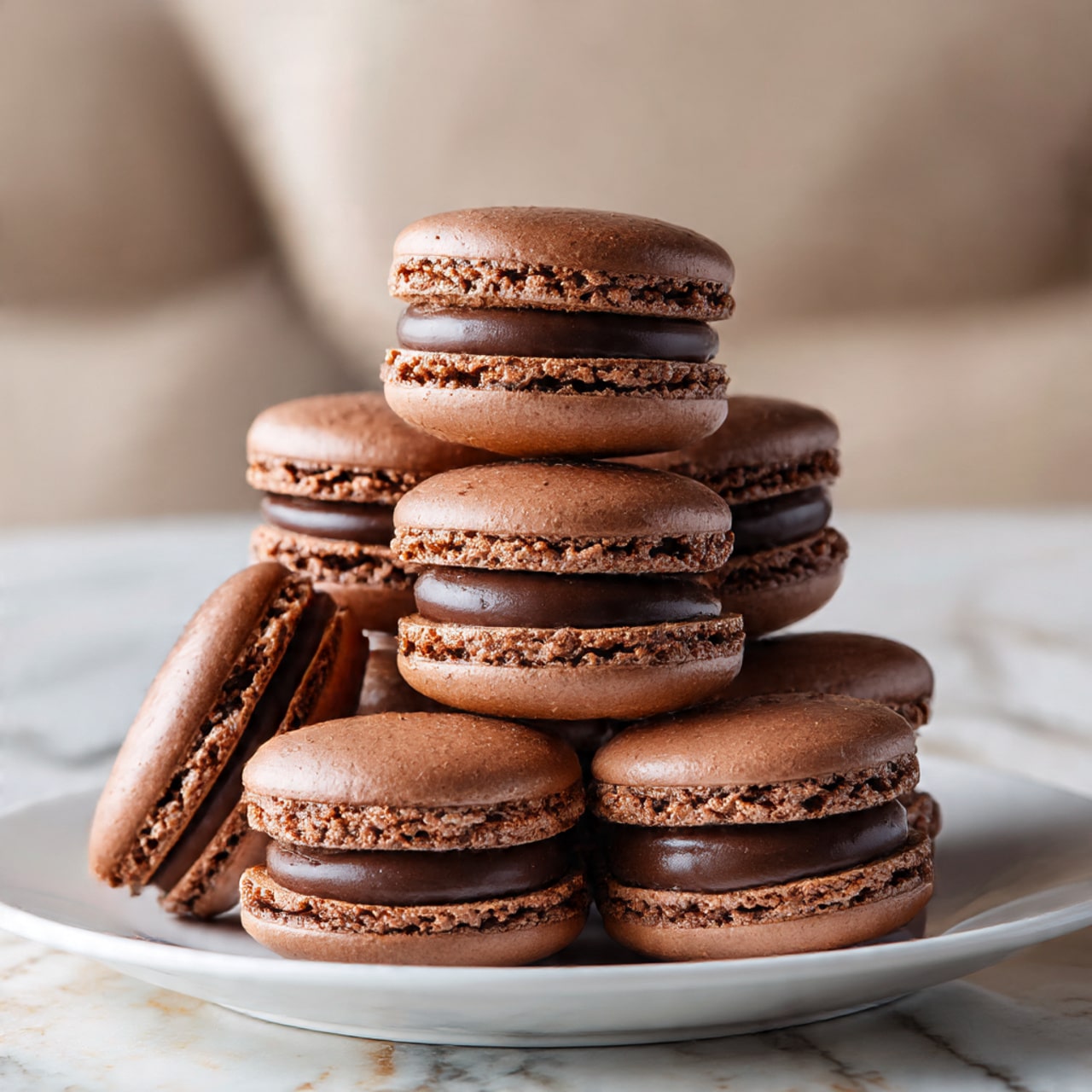 A white plate holds eight chocolate macarons arranged in a small pile. Each macaron has two smooth round shells in light brown shade with a slightly rough edge texture, sandwiched with thick, dark brown chocolate filling in the middle. In the soft-focused background, a white cup and saucer sit on a wooden surface, with an out-of-focus light brown cloth to the right. The setting is warm and cozy with a white marbled texture as the base. Photo taken with an iphone --ar 4:5 --v 7