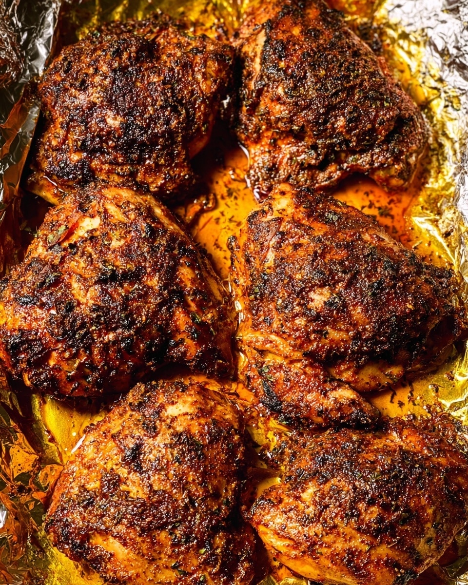 The image shows five large pieces of roasted chicken laid out on a shiny sheet of golden foil that reflects the warm orange and brown tones of the cooked meat. Each piece is richly coated with a dark, rough textured spice rub, creating a crusty surface with bits of blackened herbs and char. The chicken skin looks crispy in areas, breaking slightly to reveal a moist, tender interior beneath. Pooled orange oil and spices collect between the pieces, enhancing the sense of juiciness. The white marbled surface underneath adds contrast to the rich, earthy colors of the chicken. photo taken with an iphone --ar 4:5 --v 7