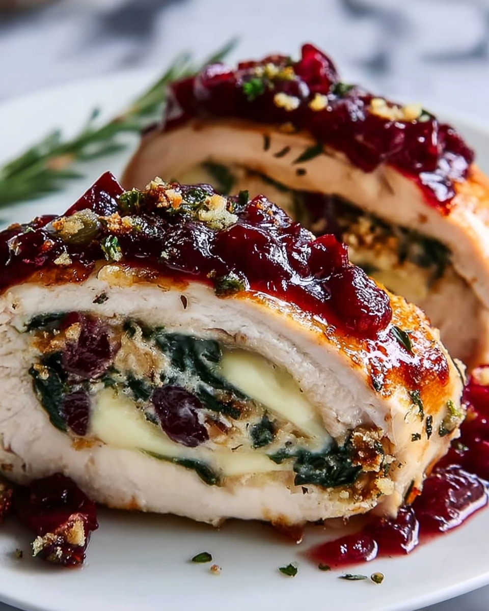 The image shows two pieces of stuffed chicken on a white plate placed on a white marbled surface. Each piece has three visible layers: a crispy golden brown outer skin with herbs sprinkled on top, a thick layer of melted pale yellow cheese just inside, and a dark red cranberry filling in the center. The outer skin also has small toasted bits, adding texture. The stuffed chicken sits in a pool of vibrant red berry sauce, garnished with chopped green herbs sprinkled on both the chicken and sauce. Photo taken with an iphone --ar 4:5 --v 7