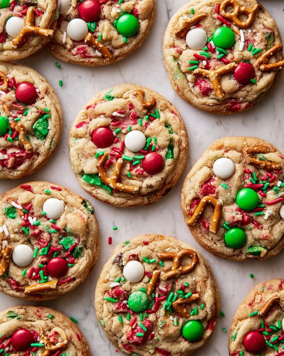 A group of round cookies spread out on a white marbled surface, each cookie showing a soft golden-brown base with visible chunks of colorful red and green candy pieces. The cookies are topped with broken small pretzel pieces, red and green round candy-coated chocolates, and white round chips. There are red and green thin sprinkles scattered across each cookie, adding extra color and texture. The cookies look soft and thick with a slightly cracked surface, giving a festive and bright appearance. photo taken with an iphone --ar 4:5 --v 7
