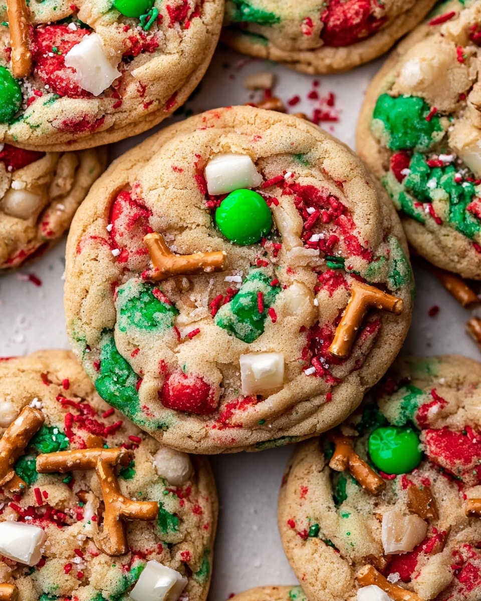 The image shows a group of colorful cookies with a light golden-brown base. Each cookie has multiple layers of bright red and green candy pieces embedded on the surface, along with scattered red and green sprinkles adding texture. There are also small white chocolate bits and broken pretzel pieces scattered on top. The cookies have a crumbly texture with visible cracks and a slightly rough surface. The close-up view highlights the varied shapes and colors of the toppings against the warm cookie background, all placed on a white marbled texture photo taken with an iphone --ar 4:5 --v 7