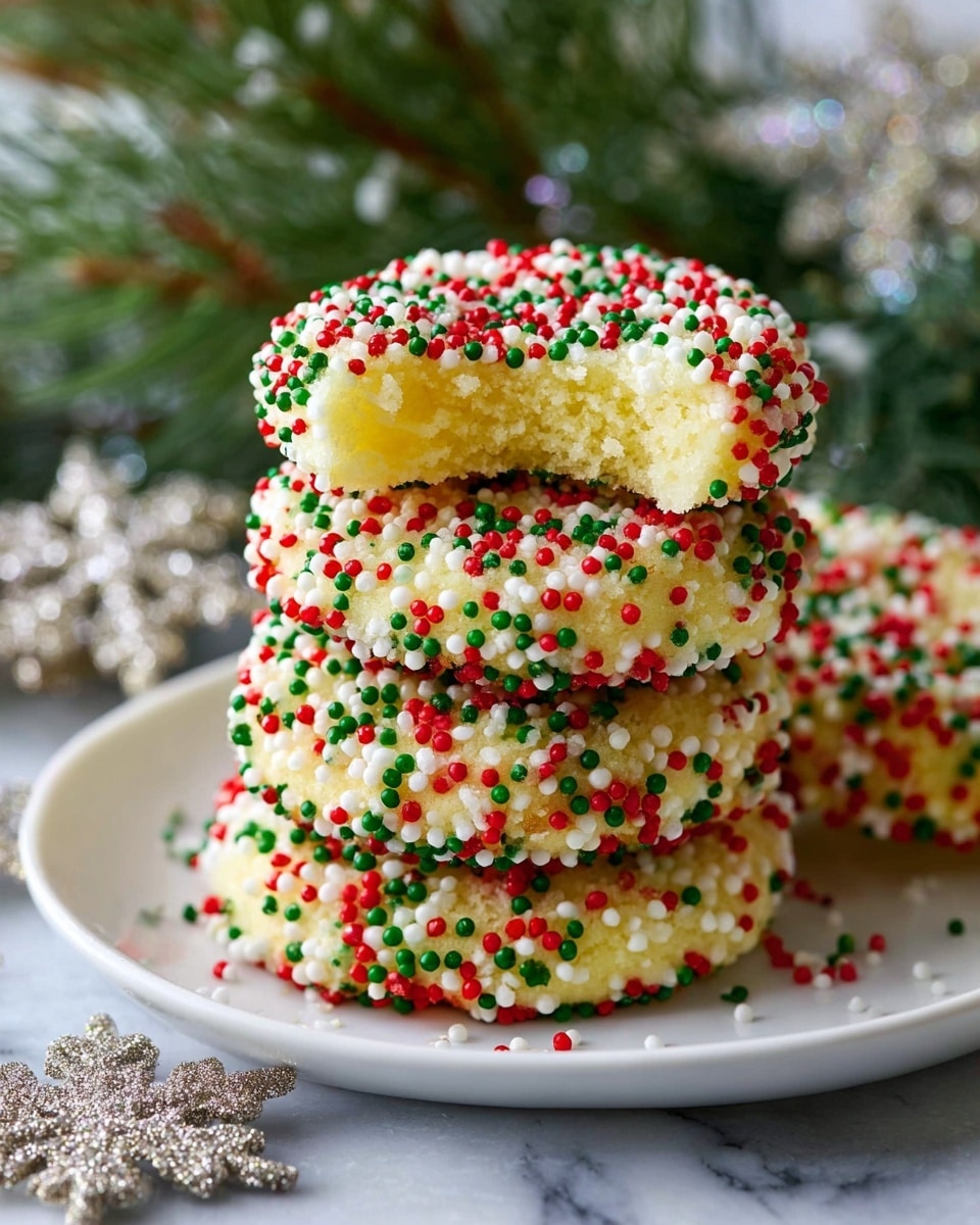 The image shows a tray with eight round cookies covered in small round sprinkles in white, red, and green colors. Each cookie is cracked on top, revealing a soft, light yellow interior beneath the colorful sprinkles. The cookies rest on a beige baking mat with a red edge, placed on a white marbled surface. The sprinkles give the cookies a textured and festive look, with some sprinkles scattered around the tray. photo taken with an iphone --ar 4:5 --v 7