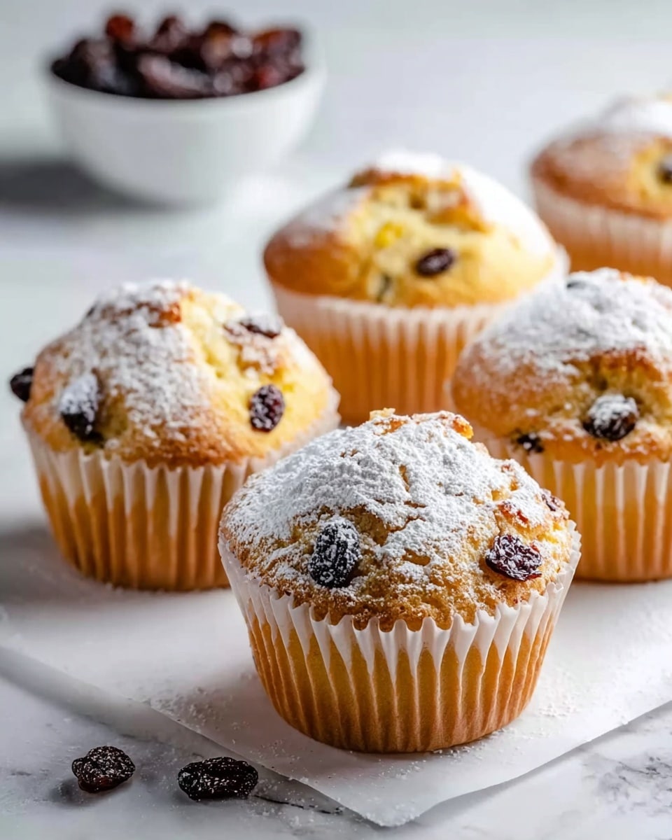 The image shows five golden muffins with a soft, slightly cracked top, each studded with dark raisins and some light yellow pieces inside. The muffins are in white paper liners and are dusted with a fine layer of white powdered sugar that lightly covers their tops. They rest on a white marbled surface, with one raisin lying loose in front. In the background, there is a white bowl filled with more dark raisins, slightly out of focus, adding depth to the image. The lighting is soft, highlighting the texture and the light fluffy look of the muffins, photo taken with an iphone --ar 4:5 --v 7