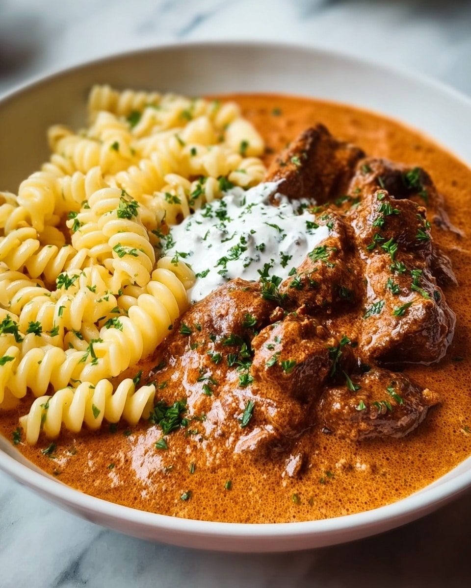 The dish shows a white bowl filled with a spiral pasta layer around the edge, light yellow in color with a firm texture. Inside, there is a rich reddish-brown sauce with chunks of dark brown meat scattered evenly. On top, there is a central dollop of creamy white sauce that is sprinkled with small green herb pieces. The layers create a contrast in colors and textures, making the dish look warm and inviting, all placed on a white marbled surface photo taken with an iphone --ar 4:5 --v 7