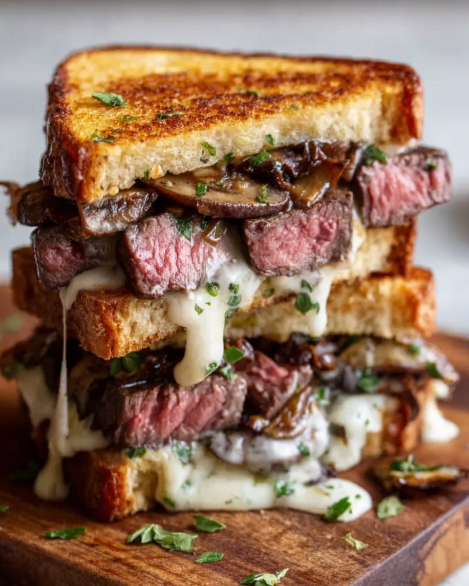 The image shows a close-up of a sandwich with three thick layers. The top and bottom layers are toasted golden brown bread slices with a slightly crispy texture. Inside, there are two layers of medium-cooked steak pieces, showing a juicy pink center and a browned outside. Between the steak layers, there are caramelized sautéed mushrooms with a glossy dark brown look. White melted cheese is dripping and stretching between the bread and meat layers, adding a creamy texture. Small green herbs are sprinkled on top of the sandwich and around it, giving a fresh touch. The sandwich sits on a wooden cutting board with a white marbled texture background. photo taken with an iphone --ar 4:5 --v 7