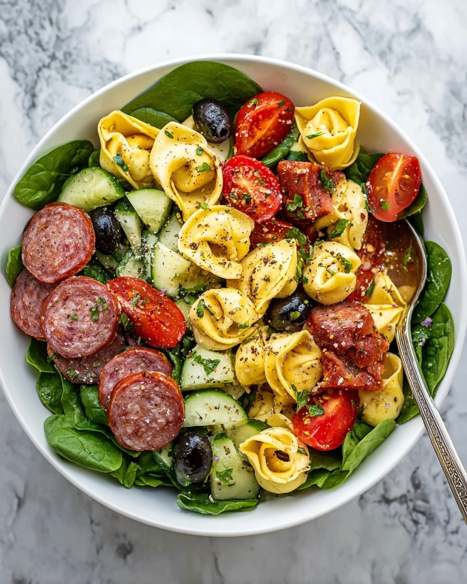 This is a close-up image of a pasta salad in a white bowl on a white marbled surface. The salad has several layers: the base is fresh, dark green spinach leaves, topped with yellow tortellini pasta shaped like small rings with wavy edges. Scattered among the pasta are slices of round, pink and white marbled salami, half cherry red tomatoes showing juicy interiors, and dark purple olives with a glossy texture. There are small pieces of light green cucumber and some sprinkled white cheese. The salad is sprinkled with black pepper, adding a speckled pattern on the ingredients. Photo taken with an iphone --ar 4:5 --v 7