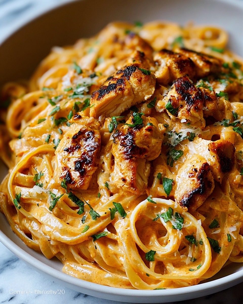 The image shows a close-up of a white bowl filled with creamy pasta. The base layer consists of thick, flat noodles coated in orange-brown sauce. On top, there are chunks of light golden cooked chicken mixed with the noodles. Small green parsley leaves are sprinkled evenly over the dish, adding color contrast. The sauce looks smooth and creamy with visible small black pepper flakes and spices. The bowl sits on a white marbled surface photo taken with an iphone --ar 4:5 --v 7