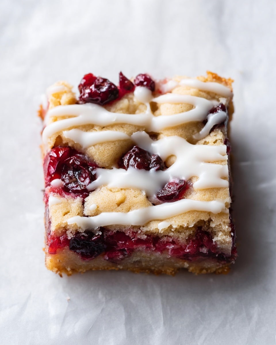 The image shows multiple square slices of a fruit bar arranged neatly on a white marbled surface. Each bar has two main layers: a golden, crumbly top and bottom made from a soft textured dough, and a bright red fruit filling layer in the middle which looks juicy and slightly thick. The top layer is unevenly cracked, revealing the fruit filling beneath in some places. White icing is drizzled in thin lines over the top of each square, adding a smooth contrast to the rough, crumbly texture of the dough. photo taken with an iphone --ar 4:5 --v 7