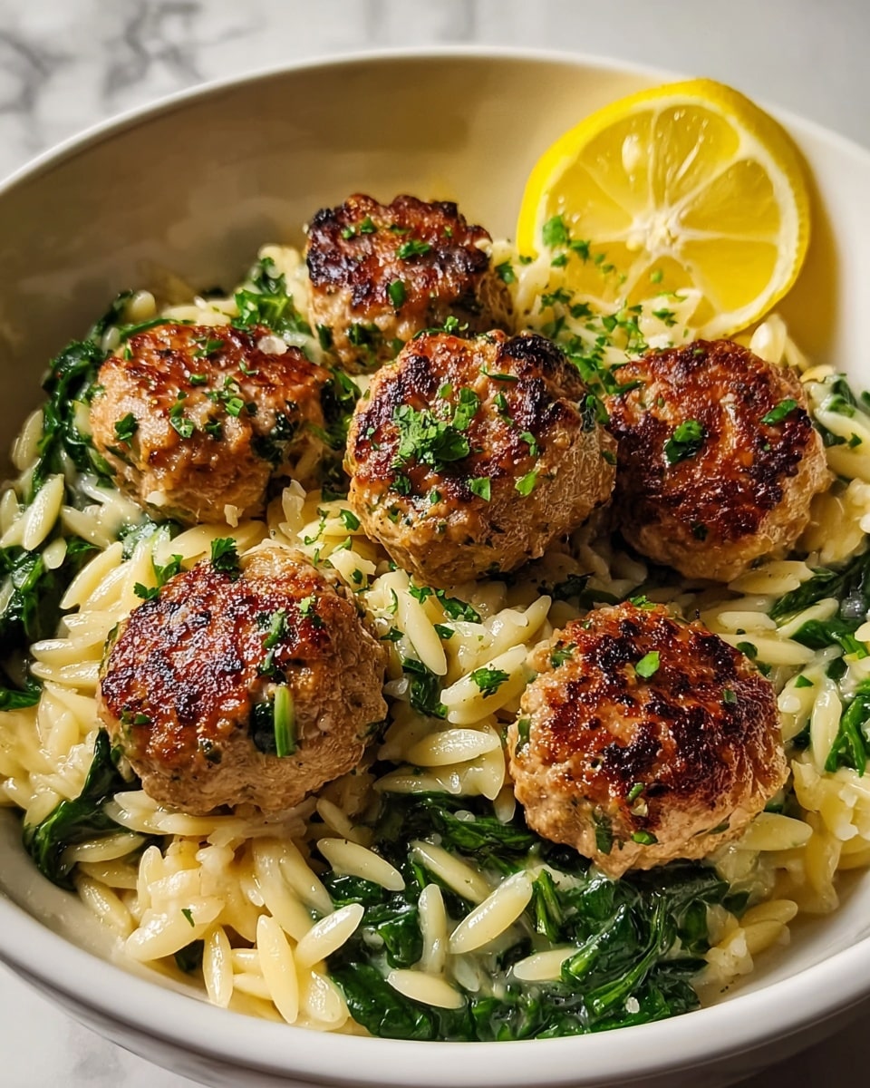 A white shallow bowl contains a base layer of creamy orzo pasta mixed with bright green cooked spinach, giving a textured look with small grains and leafy bits. On top, there are five round browned meatballs with a slightly crispy, golden-brown crust, sprinkled with small pieces of green herbs. In the back of the bowl, a wedge of bright yellow lemon rests against the meatballs, adding a pop of color. The bowl sits on a white marbled surface. Photo taken with an iphone --ar 4:5 --v 7