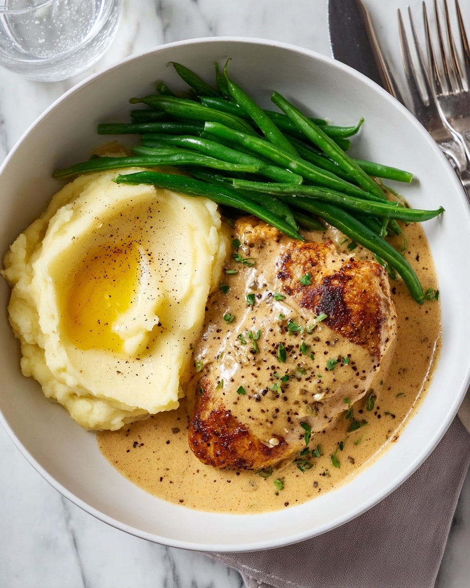 A white bowl contains three layers of food. On the left side, there is a smooth, creamy pale yellow layer of mashed potatoes with a small pool of melted butter and a sprinkle of black pepper on top. To the right of the mashed potatoes, there is a browned, well-cooked chicken piece covered in a light beige creamy sauce with visible black pepper specks and small green herb pieces sprinkled over it. Above the chicken, there is a bunch of bright green, glossy cooked green beans neatly stacked. The bowl rests on a white marbled surface with a silver knife and fork placed on the right side. photo taken with an iphone --ar 4:5 --v 7