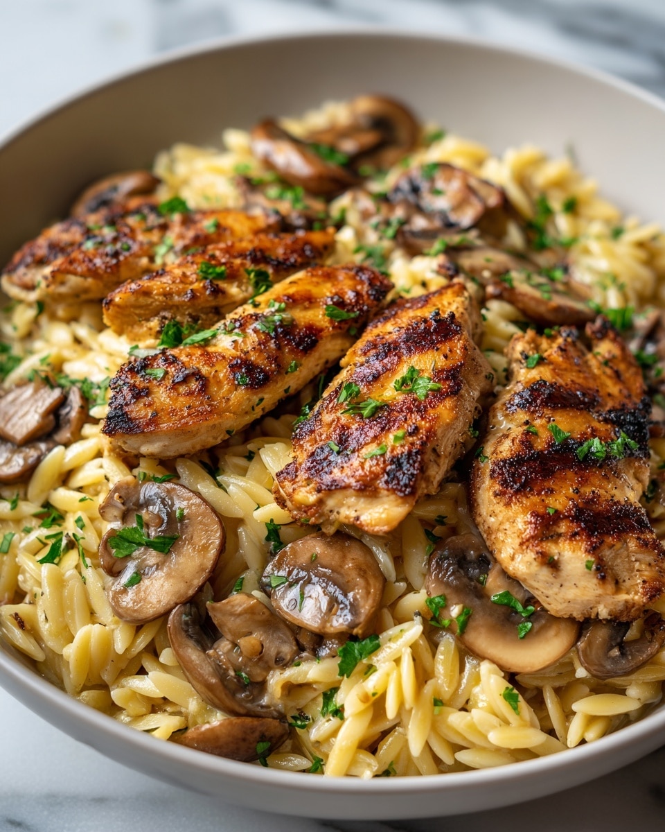 The dish shows three pieces of browned grilled chicken on top of a bed of light yellow orzo pasta. Scattered golden brown sliced mushrooms are mixed with the pasta and chicken. Small green parsley bits are sprinkled on top, adding a fresh touch of color. The food is served in a deep white bowl and the whole scene is on a white marbled surface. The image focuses closely on the food texture and color, showing the slight shine on the mushrooms and the grill marks on the chicken. photo taken with an iphone --ar 4:5 --v 7