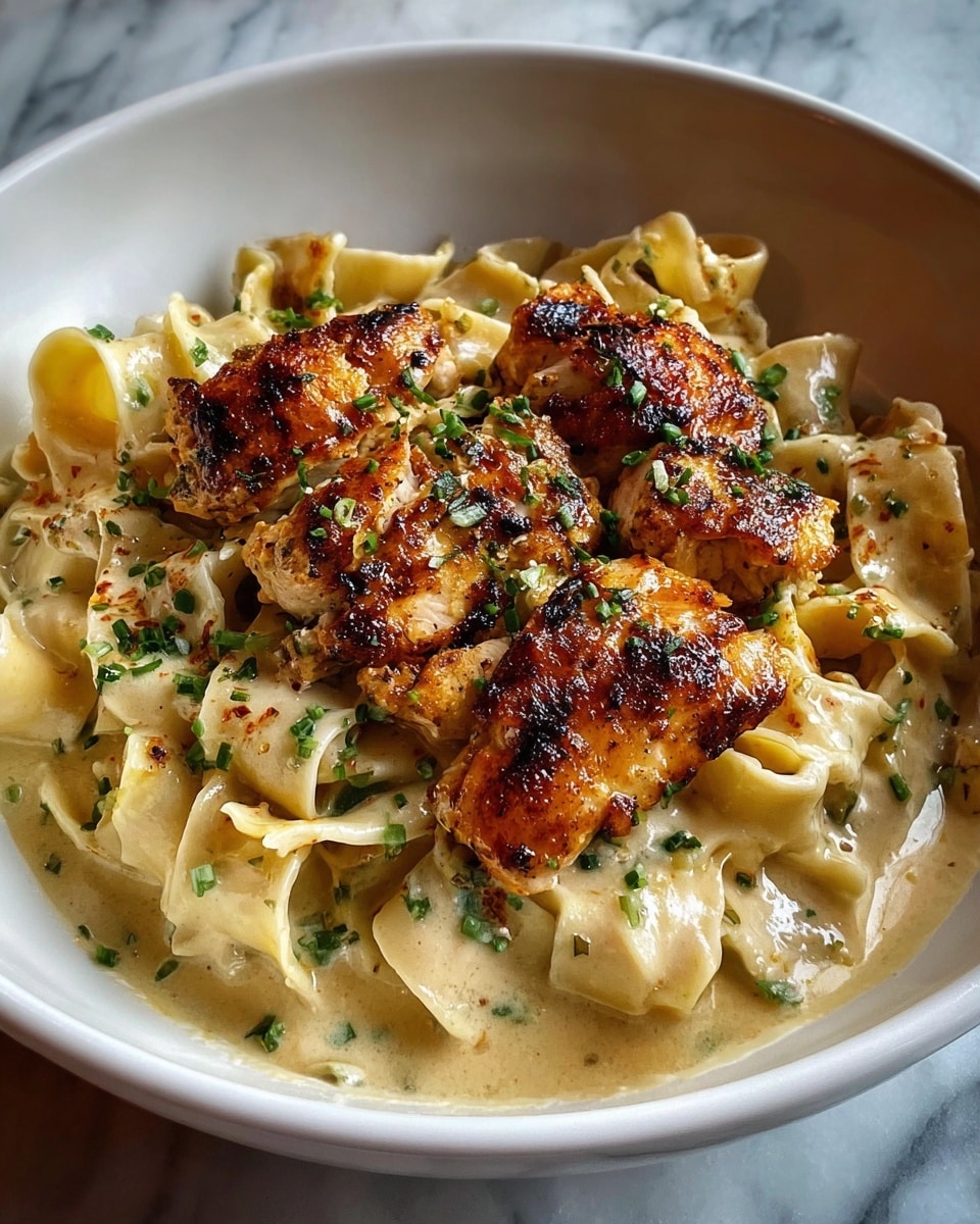 The image shows a white bowl filled with wide, flat noodles covered in a creamy, light beige sauce. On top of the noodles, there are several pieces of golden-brown grilled chicken with a slightly charred texture, sprinkled with small green herbs. The bowl sits on a table with a white marbled surface. photo taken with an iphone --ar 4:5 --v 7