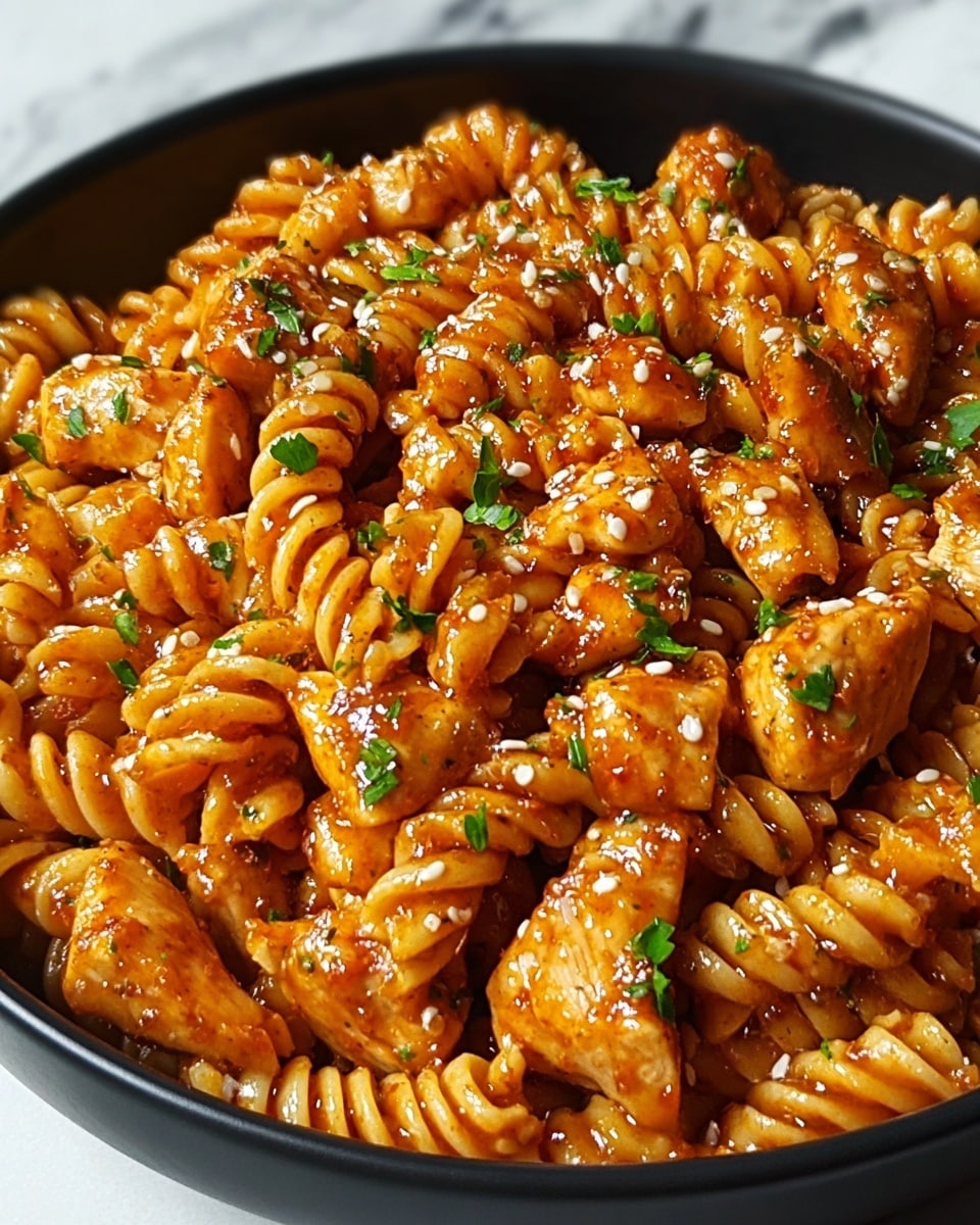 A close-up view of a black bowl filled with rotini pasta and bite-sized pieces of cooked chicken, both coated in a thick, shiny, reddish-orange sauce. The pasta has a twisted shape and a smooth texture, while the chicken pieces are irregular and tender-looking with a slight grill or sear marks. Small green parsley leaves are scattered evenly on top, adding a fresh pop of color, along with tiny white sesame seeds sprinkled across the dish. The bowl is placed on a white marbled surface, enhancing the warm colors of the food. photo taken with an iphone --ar 4:5 --v 7